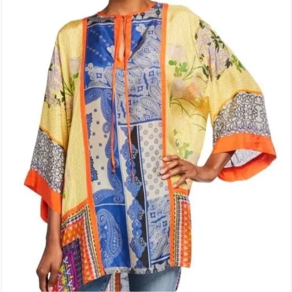 Johnny Was Arden Mixed Print Silk Kimono Tunic Top